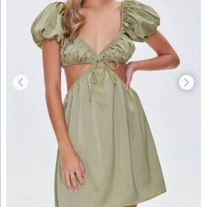 NWT Forever 21 Sage Green Satin Puff Sleeve Cutout Dress Size S